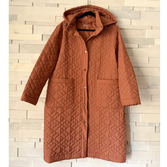 BERNARDO NWOT Long-Line Removable Hood Snap Front w/Pockets Quilted Coat L Clay - Picture 2 of 9